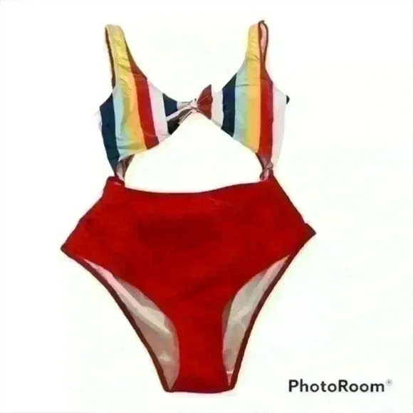 Blue, yellow, red, & white striped once piece swimsuit size 2XL - Picture 1 of 7